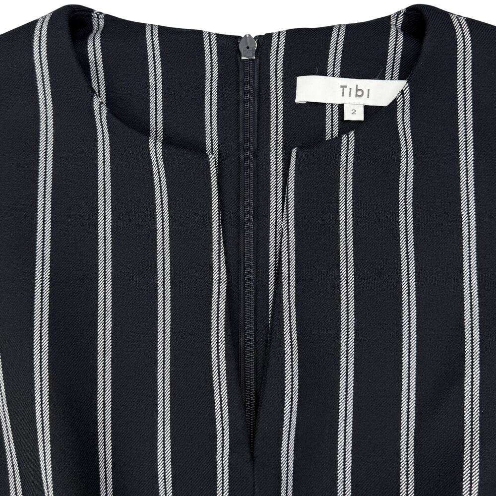 TIBI Felix Split Neck Gathered Blouson Sleeve Pinstripe Dress Size 2 Navy White - Picture 5 of 7